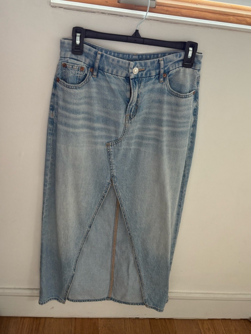 American Eagle Outfitters Light Blue Denim Maxi Skirt with Front Slit